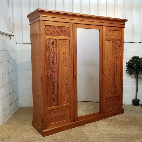 Antique Late Victorian Pitch Pine Triple Wardrobe Compactum C1890