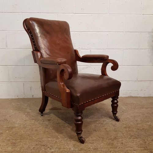 Antique Victorian Mahogany Framed Brown Leather Hide Armchair C1880
