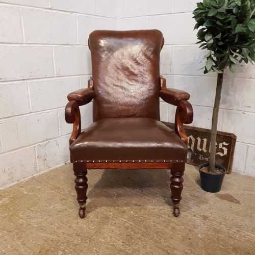 fig 2. ANTIQUE VICTORIAN MAHOGANY FRAMED BROWN LEATHER HIDE ARMCHAIR C1880