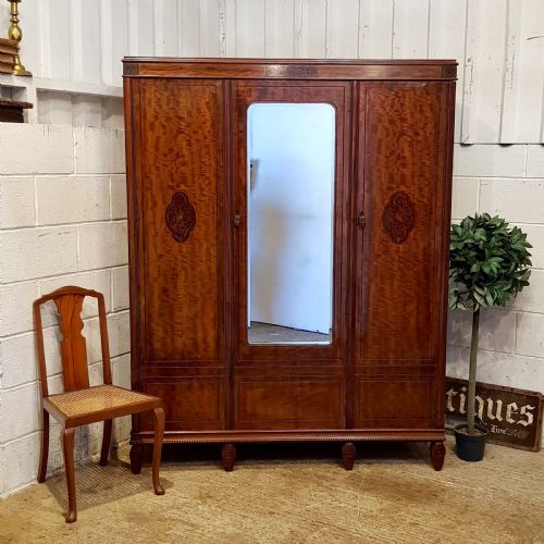 Antique Edwardian Mahogany Inlaid Small Triple Wardrobe by Maples & Co.