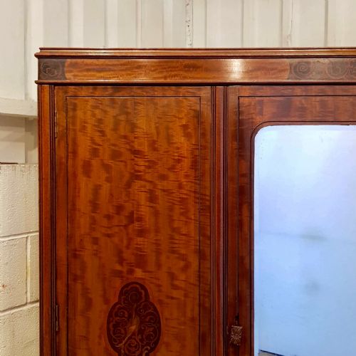 fig 2. ANTIQUE EDWARDIAN MAHOGANY INLAID SMALL TRIPLE WARDROBE BY MAPLES & CO.