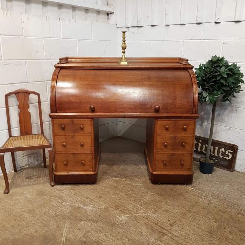 Antique Large Victorian Oak Cylinder Top Pedestal Desk C1880