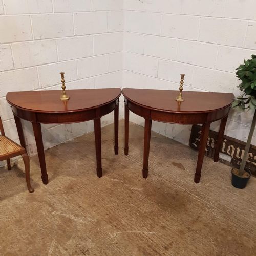 Antique Pair Late Victorian Mahogany Demi Lune Side Tables C1890
