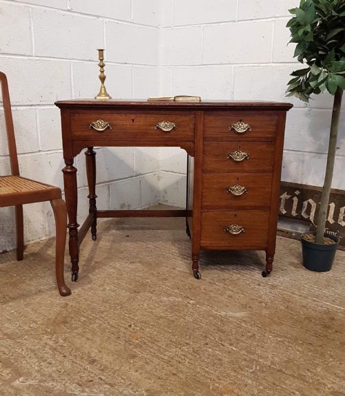 Antique Edwardian Oak Leather Topped Single Pedestal Desk C1900