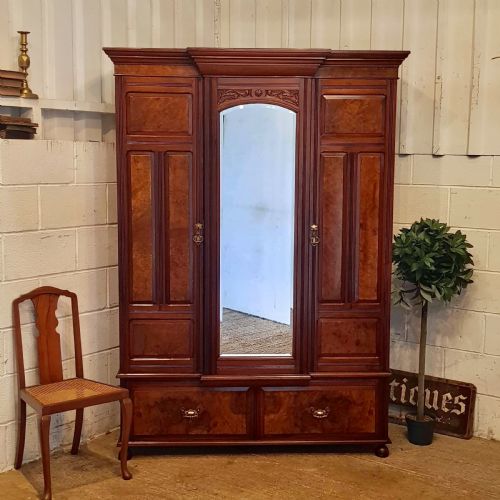 Antique Late Victorian Mahogany & Burr Walnut Triple Princess Breakfront Wardrobe C1890