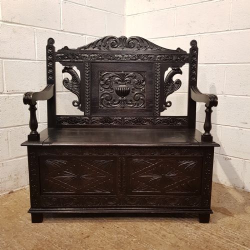 Antique Late Victorian Carved Oak Box Settle C1890