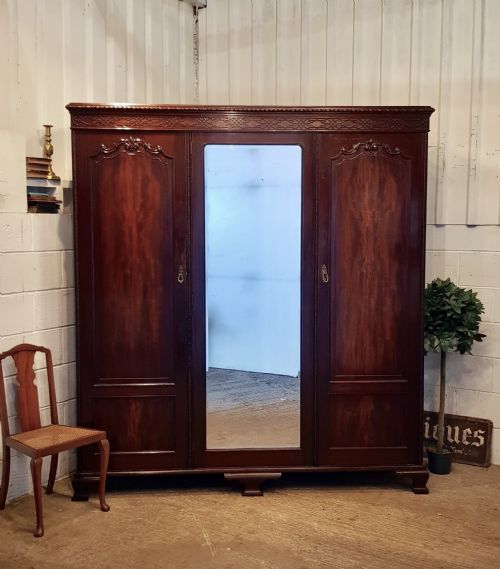 Antique Edwardian Chippendale Mahogany Triple Wardrobe by Waring & Gillows C1900