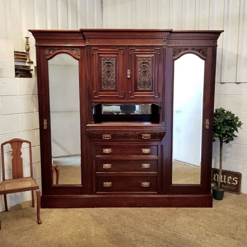 Antique Edwardian Mahogany Triple Breakfront Wardrobe C1900