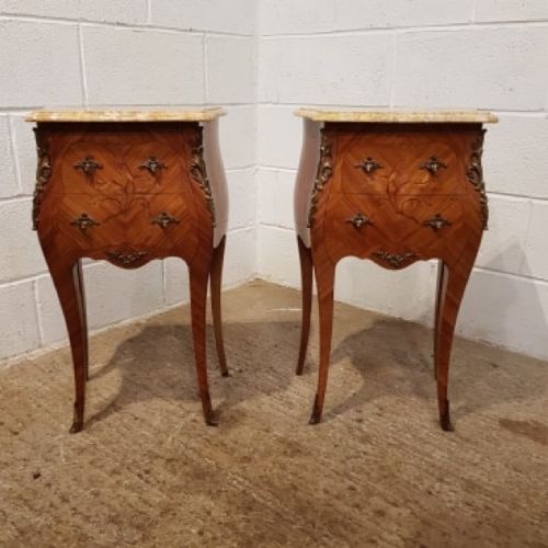 Antique Pair Italian Mahogany & Marble Bombe  Bedside Chests C1920