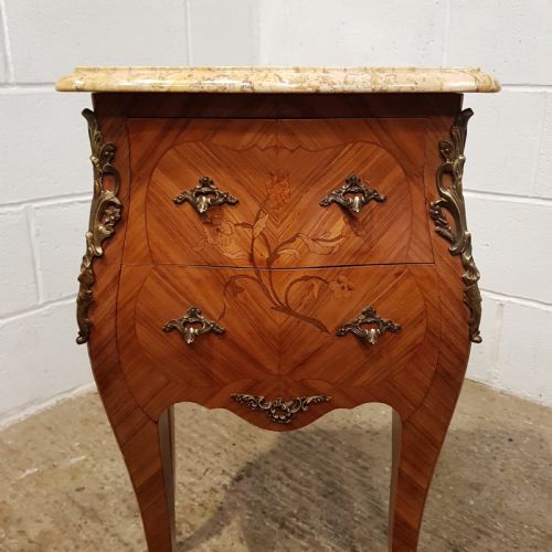 fig 1. ANTIQUE PAIR ITALIAN MAHOGANY & MARBLE BOMBE  BEDSIDE CHESTS C1920