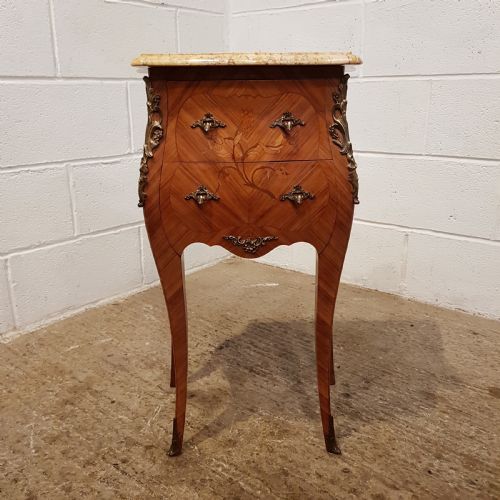 fig 2. ANTIQUE PAIR ITALIAN MAHOGANY & MARBLE BOMBE  BEDSIDE CHESTS C1920