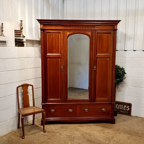 Antique Small Edwardian Inlaid Mahogany Triple Wardrobe C1900