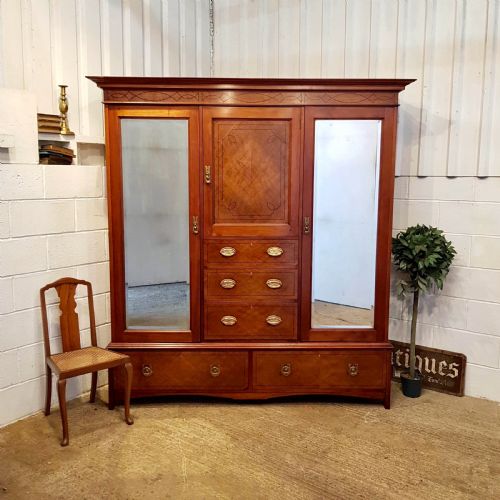 Antique Edwardian Inlaid Mahogany Triple Wardrobe  C1900