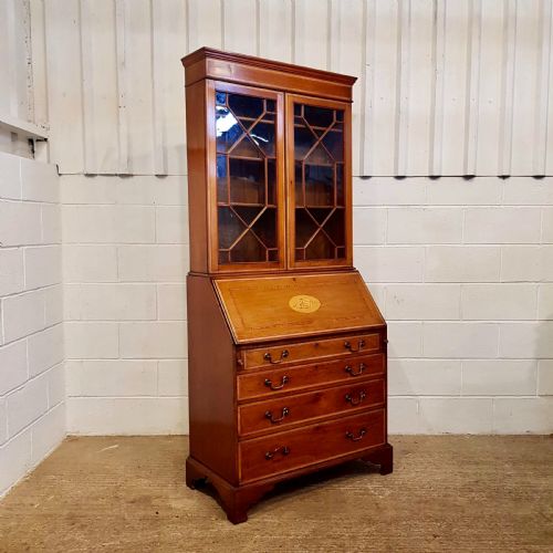 fig 1. ANTIQUE EDWARDIAN SATINWOOD ASTRAGAL GLAZED BUREAU BOOKCASE C1900