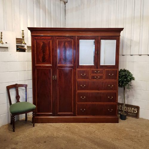 Antique Edwardian Flamed Mahogany Triple Combination Wardrobe C1900