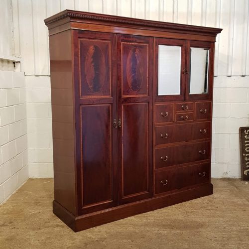 fig 1. ANTIQUE EDWARDIAN FLAMED MAHOGANY TRIPLE COMBINATION WARDROBE C1900
