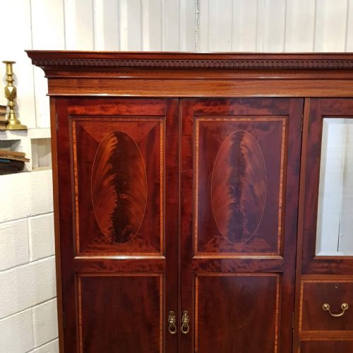 fig 2. ANTIQUE EDWARDIAN FLAMED MAHOGANY TRIPLE COMBINATION WARDROBE C1900