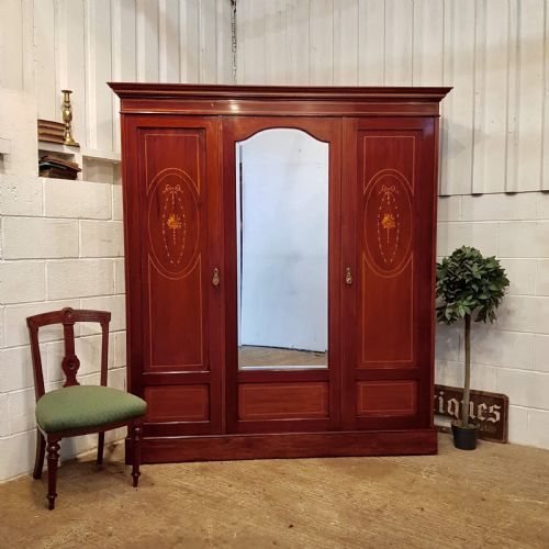 Antique Edwardian Mahogany Inlaid Triple Wardrobe C1900