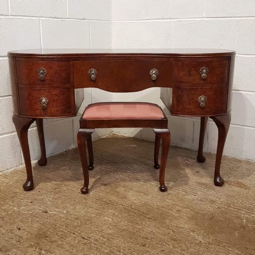 Antique Burr Walnut Kidney Shaped Dressing Table & Stool C1920