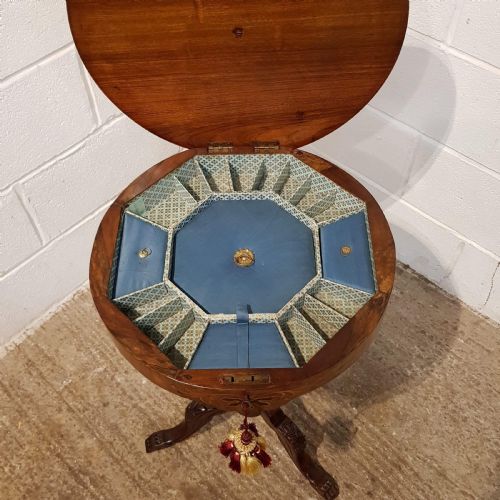 fig 1. ANTIQUE VICTORIAN BURR WALNUT INLAID WORK & GAMES TRUMPET TABLE C1880