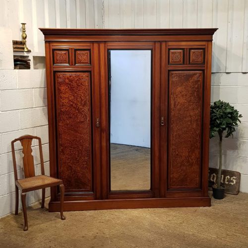 Antique Victorian Aesthetic Burr Walnut & Ebony Triple Wardrobe Compactum C1890