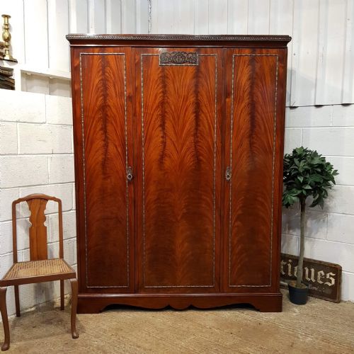 Antique Edwardian Flamed Mahogany Triple Wardrobe C1900