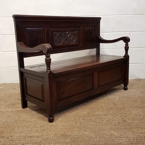Antique Late Victorian Oak Box Settle Bench C1890