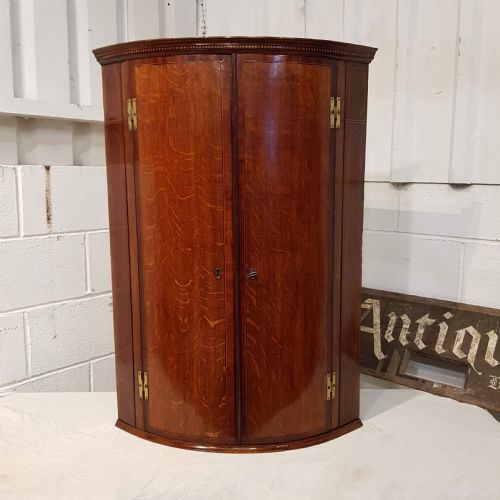 Antique Georgian Period Oak & Mahogany Bow Front Corner Cabinet C1780