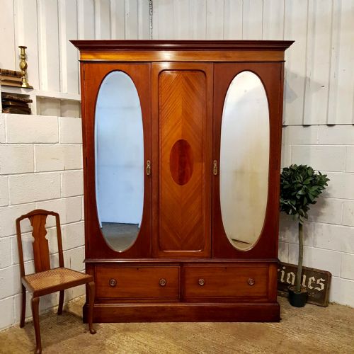 Antique Edwardian Mahogany Triple Wardrobe C1900
