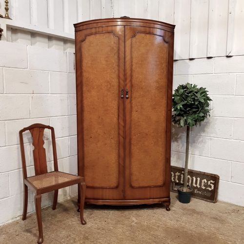 Antique Small Burr Walnut Bow Front Wardrobe C1920