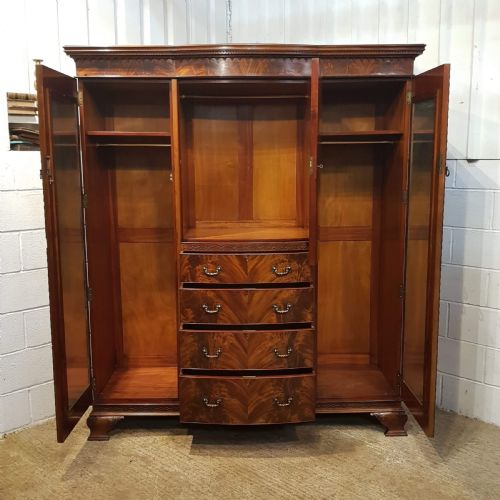 fig 2. ANTIQUE EDWARDIAN CHIPPENDALE FLAMED MAHOGANY TRIPLE WARDROBE C1900