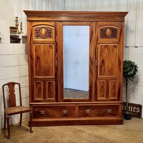 Antique Late Victorian Ash & Walnut Triple Wardrobe C1890