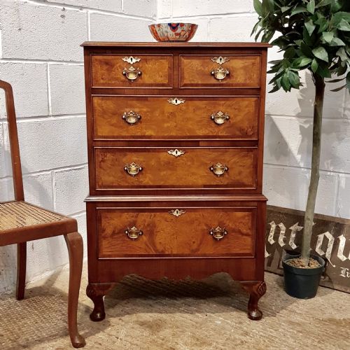 Antique Burr Walnut Small Chest on Chest of Drawers C1920