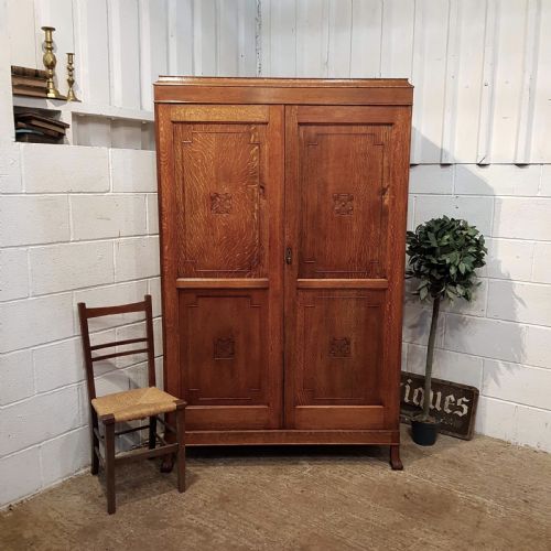 Antique Arts & Crafts Oak Double Wardrobe C1890