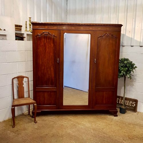 Antique Edwardian Chippendale Mahogany Triple Wardrobe by Waring & Gillows C1900