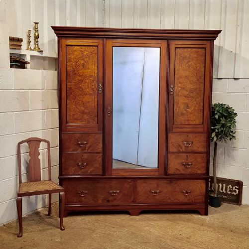 Antique Edwardian Burr Walnut Triple Wardrobe Compactum C1900