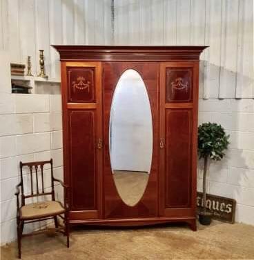 Antique Edwardian Inlaid Mahogany Triple Wardrobe C1900