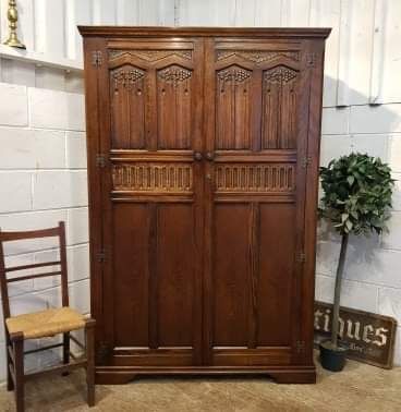 Antique Carved Oak Double Wardrobe C1920
