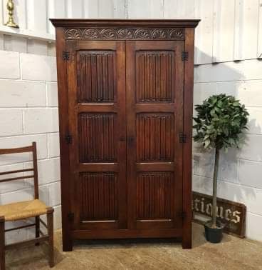 Antique Edwardian Carved Oak Small Double Wardrobe C1900