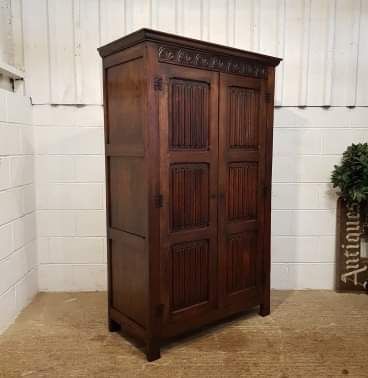 fig 1. ANTIQUE EDWARDIAN CARVED OAK SMALL DOUBLE WARDROBE C1900