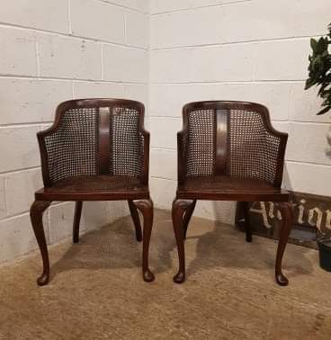Antique Pair Edwardian Split Cane & Mahogany Tub Library Chairs C1900