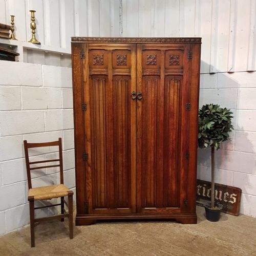 Antique Carved Oak Double Wardrobe C1920