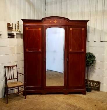 Antique Art Nouveau Inlaid Mahogany Triple Wardrobe C1900