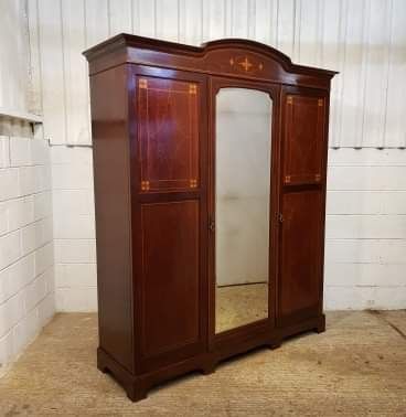 fig 1. ANTIQUE ART NOUVEAU INLAID MAHOGANY TRIPLE WARDROBE C1900