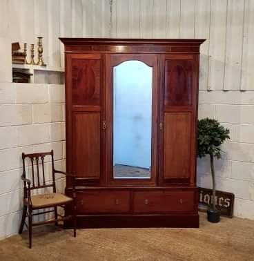 Antique Edwardian Mahogany Small Triple Wardrobe C1900