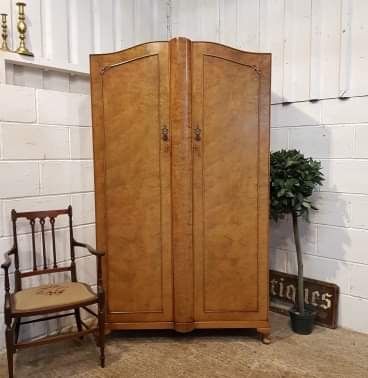 Antique Burr Walnut Fitted Small Double Wardrobe C1920