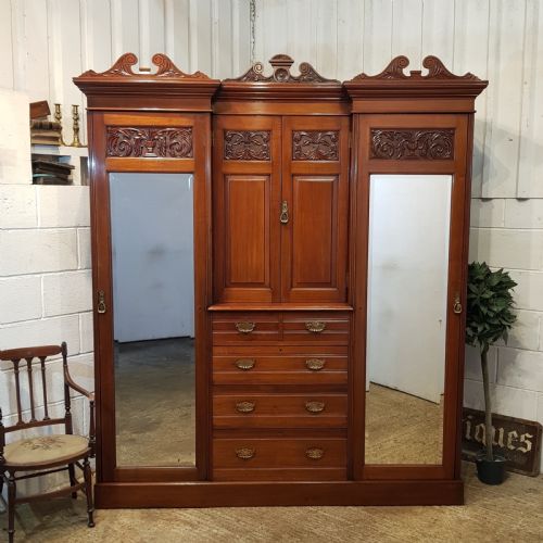 Antique Late Victorian Art Nouveau Mahogany Triple Wardrobe