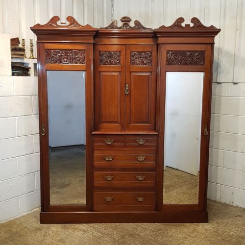 fig 1. ANTIQUE LATE VICTORIAN ART NOUVEAU MAHOGANY TRIPLE WARDROBE