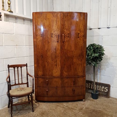 Antique Art Deco Burr Walnut Bow Front Gents Fitted Wardrobe C1920