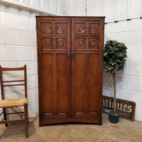 Antique Small Carved Oak Doubke Wardrobe C1920